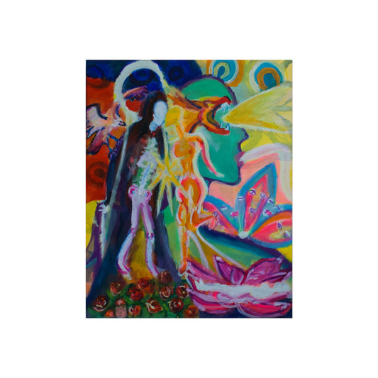Abstract Spiritual Fine Art Poster — Colorful Lotus & Figure Wall Art